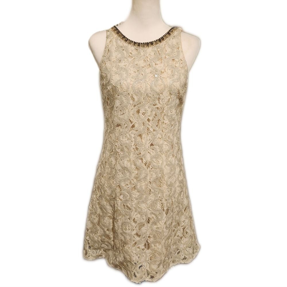 Belle Badgley Mischka cream sleeveless lace mini dress, sequins, beaded neck, 0